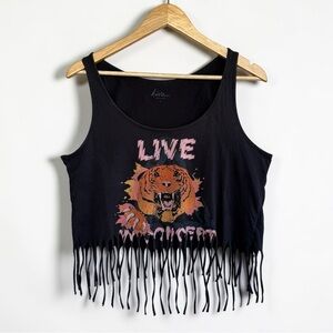 Kirra Live Wild Tiger Graphic Fringe Punk Crop Tank Black Festival Grunge L